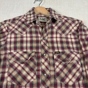 Vintage Lee Western Pearl Snap 70s Extra Long Tail Medium Distressed Plaid Shirt
